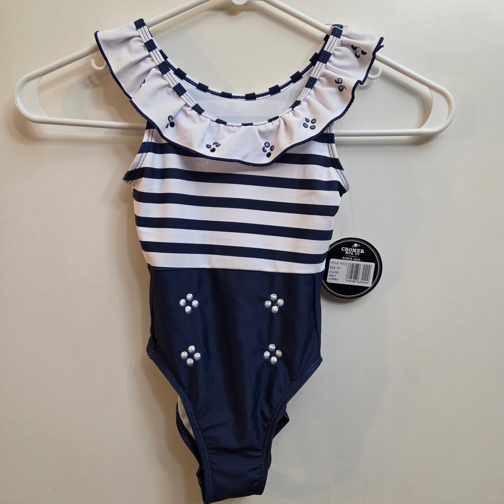 Art & Sol Girls Navy White Striped Ruffle Eyelet One Piece Swimsuit 4T 76322